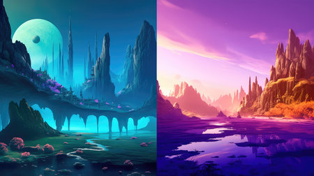 Concept illustration of a alien planet with fantastic landscapes, and enchanted castles. Generative AIの素材
