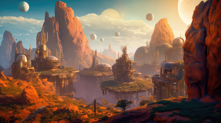 Concept illustration of a alien planet with fantastic landscapes, and enchanted castles. Generative AIの素材