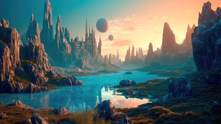 Concept illustration of a alien planet with fantastic landscapes, and enchanted castles. Generative AIの素材