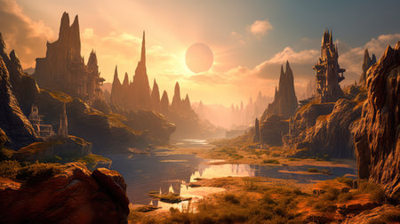 Concept illustration of a alien planet with fantastic landscapes, and enchanted castles. Generative AIの素材
