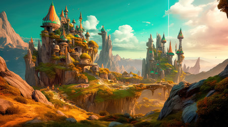 Concept illustration of a alien planet with fantastic landscapes, and enchanted castles. Generative AIの素材