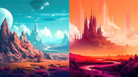 Concept illustration of a alien planet with fantastic landscapes, and enchanted castles. Generative AIの素材