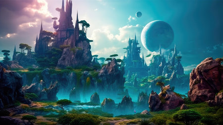 Concept illustration of a alien planet with fantastic landscapes, and enchanted castles. Generative AIの素材