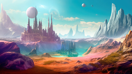 Concept illustration of a alien planet with fantastic landscapes, and enchanted castles. Generative AIの素材