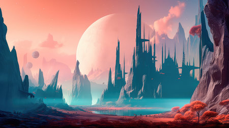 Concept illustration of a alien planet with fantastic landscapes, and enchanted castles. Generative AIの素材