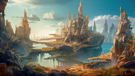 Concept illustration of a alien planet with fantastic landscapes, and enchanted castles. Generative AIの素材