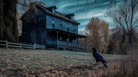 Concept illustration of a spooky afternoon scene and raven looking home.Generative AIの素材