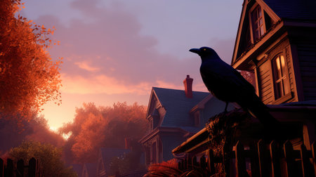 Concept illustration of a spooky afternoon scene and raven looking home.Generative AIの素材