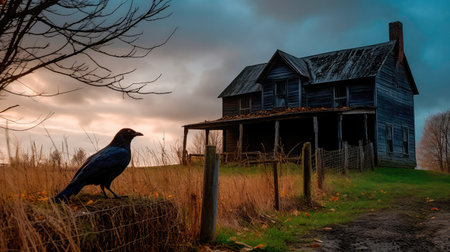 Concept illustration of a spooky afternoon scene and raven looking home.Generative AIの素材