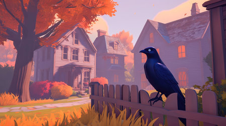 Concept illustration of a spooky afternoon scene and raven looking home.Generative AIの素材