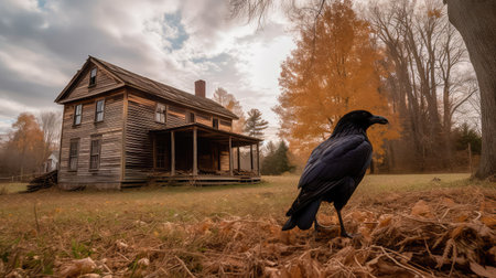 Concept illustration of a spooky afternoon scene and raven looking home.Generative AIの素材