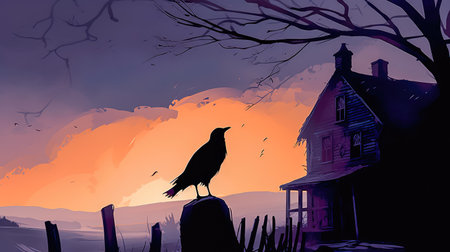 Concept illustration of a spooky afternoon scene and raven looking home.Generative AIの素材
