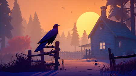 Concept illustration of a spooky afternoon scene and raven looking home.Generative AIの素材