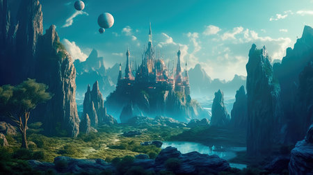 Concept illustration of a alien planet with fantastic landscapes, and enchanted castles. Generative AIの素材