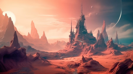 Concept illustration of a alien planet with fantastic landscapes, and enchanted castles. Generative AIの素材
