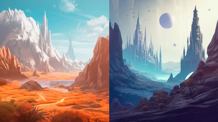 Concept illustration of a alien planet with fantastic landscapes, and enchanted castles. Generative AIの素材