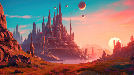 Concept illustration of a alien planet with fantastic landscapes, and enchanted castles. Generative AIの素材