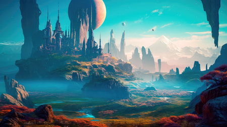 Concept illustration of a alien planet with fantastic landscapes, and enchanted castles. Generative AIの素材