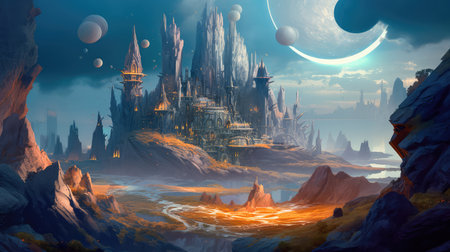 Concept illustration of a alien planet with fantastic landscapes, and enchanted castles. Generative AIの素材