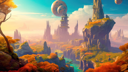 Concept illustration of a alien planet with fantastic landscapes, and enchanted castles. Generative AIの素材