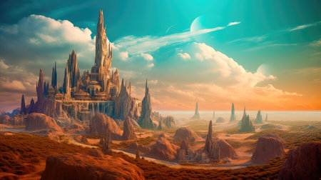 Concept illustration of a alien planet with fantastic landscapes, and enchanted castles. Generative AIの素材