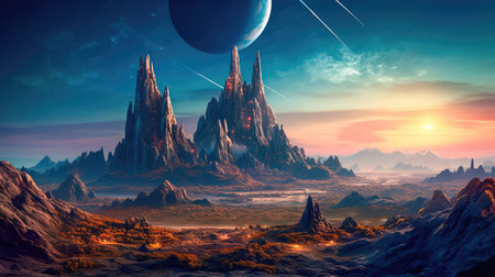 Concept illustration of a alien planet with fantastic landscapes, and enchanted castles. Generative AIの素材