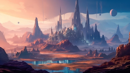 Concept illustration of a alien planet with fantastic landscapes, and enchanted castles. Generative AIの素材
