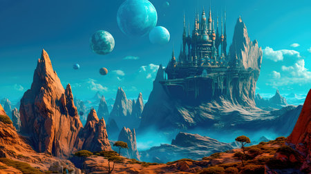 Concept illustration of a alien planet with fantastic landscapes, and enchanted castles. Generative AIの素材
