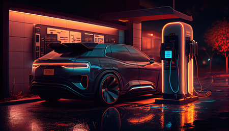 Concept illustration of a modern car at a standalone electric vehicle charging station. Generative AIの素材