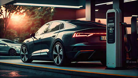 Concept illustration of a modern car at a standalone electric vehicle charging station. Generative AIの素材