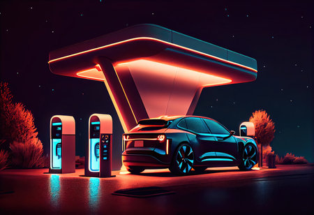 Concept illustration of a modern car at a standalone electric vehicle charging station. Generative AIの素材