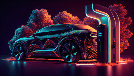 Concept illustration of a modern car at a standalone electric vehicle charging station. Generative AIの素材