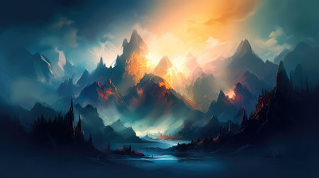 Concept illustration of a abstract mountain Background Art Paintings Blue Fantasy. Generative AIの素材
