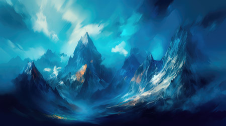 Concept illustration of a abstract mountain Background Art Paintings Blue Fantasy. Generative AIの素材