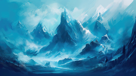 Concept illustration of a abstract mountain Background Art Paintings Blue Fantasy. Generative AIの素材