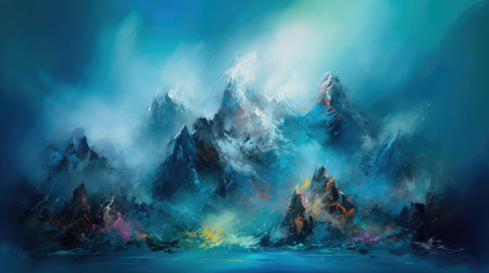 Concept illustration of a abstract mountain Background Art Paintings Blue Fantasy. Generative AIの素材