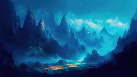 Concept illustration of a abstract mountain Background Art Paintings Blue Fantasy. Generative AIの素材
