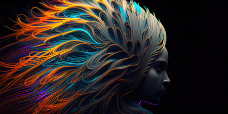 Concept illustration of a mesmerizing interstellar fractal of hair in retro neon tones. Generative AIの素材