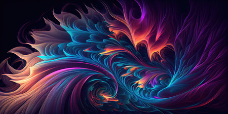 Concept illustration of a mesmerizing interstellar fractal of hair in retro neon tones. Generative AIの素材