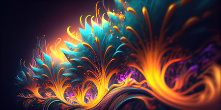 Concept illustration of a mesmerizing interstellar fractal of hair in retro neon tones. Generative AIの素材