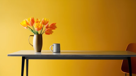 Concept illustration of a modern table with vase and flowers against a light wall. Generative AIの素材