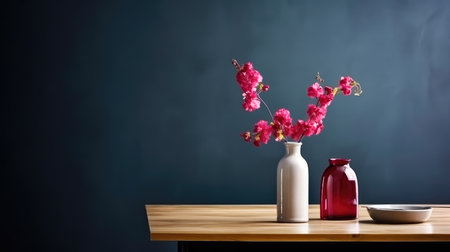 Concept illustration of a modern table with vase and flowers against a light wall. Generative AIの素材
