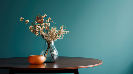 Concept illustration of a modern table with vase and flowers against a light wall. Generative AIの素材