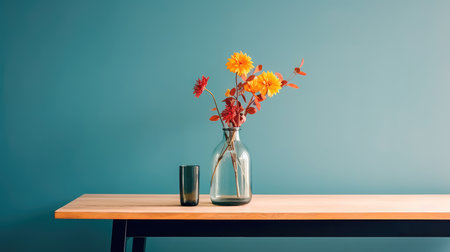 Concept illustration of a modern table with vase and flowers against a light wall. Generative AIの素材