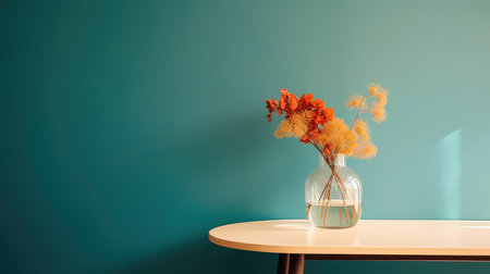 Concept illustration of a modern table with vase and flowers against a light wall. Generative AIの素材