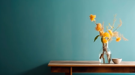 Concept illustration of a modern table with vase and flowers against a light wall. Generative AIの素材