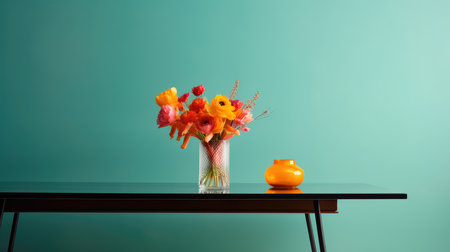 Concept illustration of a modern table with vase and flowers against a light wall. Generative AI