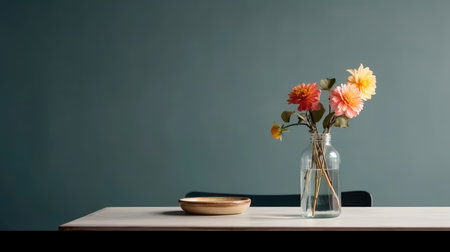 Concept illustration of a modern table with vase and flowers against a light wall. Generative AIの素材