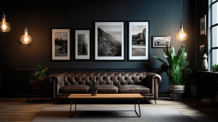 Concept illustration of a modern loft style living room interior with a black frame for a photo poster. Generative AIの素材