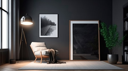 Concept illustration of a modern loft style living room interior with a black frame for a photo poster. Generative AIの素材